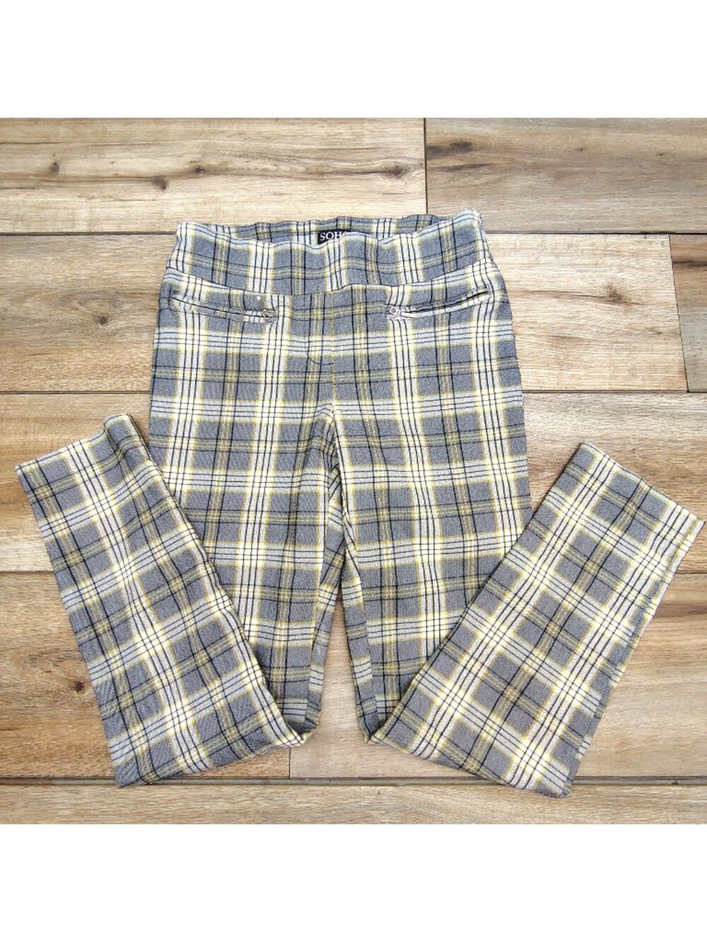 SOHO Apparel Ltd Plaid Ankle Pants Gray Yellow Stretch Career Women's Size 6